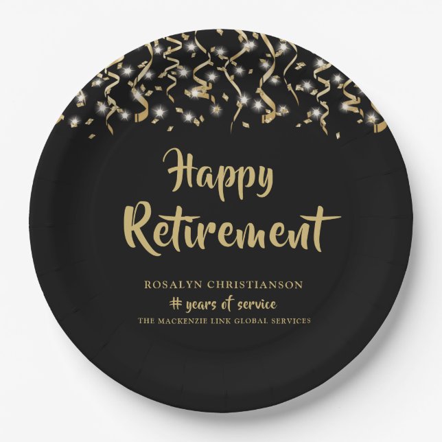 Retirement Black Gold Streamers Years of Service Paper Plates (Front)