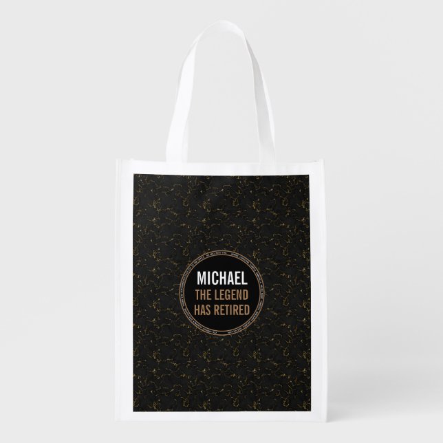 Retirement black marble men name grocery bag (Front)