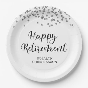 Retirement Black Silver Confetti Script Name Paper Plates