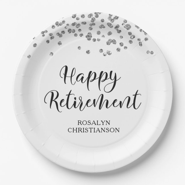 Retirement Black Silver Confetti Script Name Paper Plates (Front)