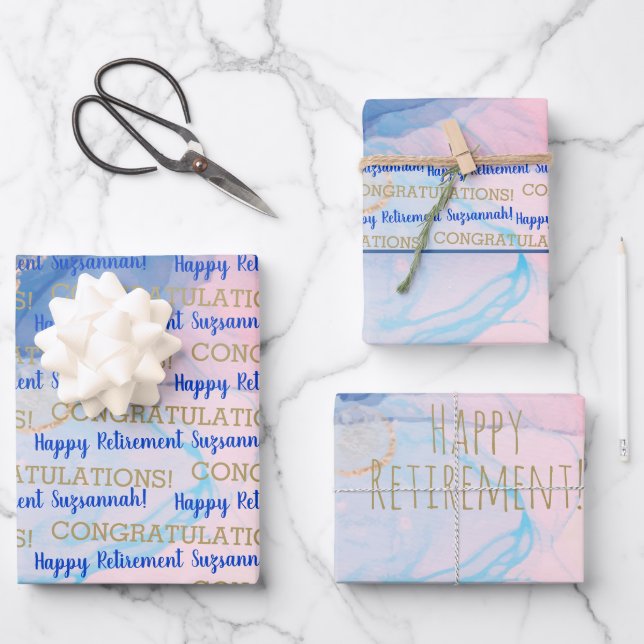 Retirement Blue Gold Geode Watercolor Custom Wrapping Paper Sheets (Front)