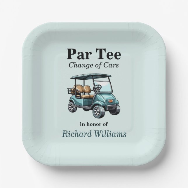 Retirement Blue Golf Cart Par Tee Themed  Paper Plates (Front)