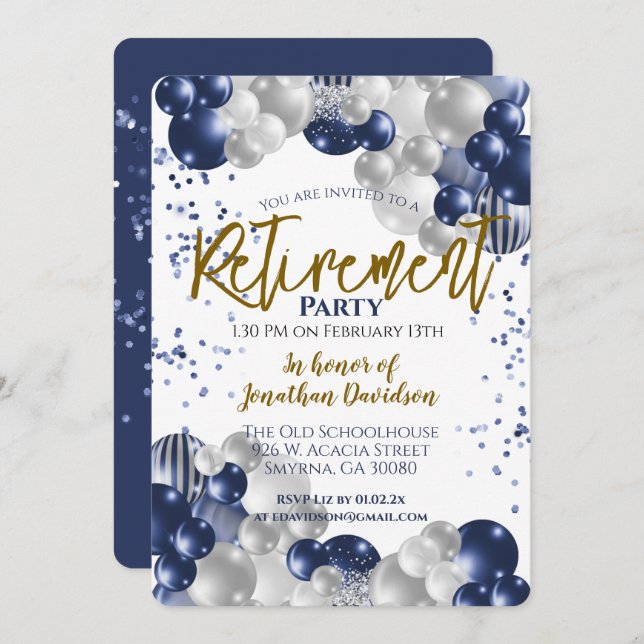 Retirement Blue Silver Gold Balloon Invitation (Front/Back)