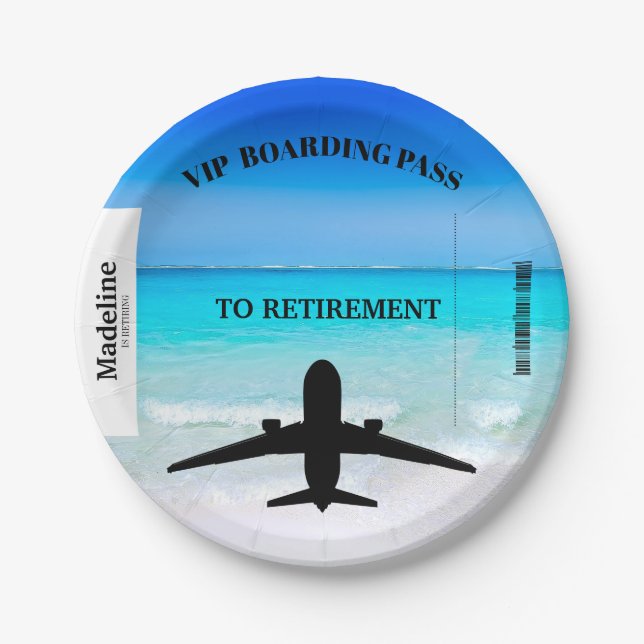 Retirement Boarding Pass Destination Beach Scene  Paper Plates (Front)