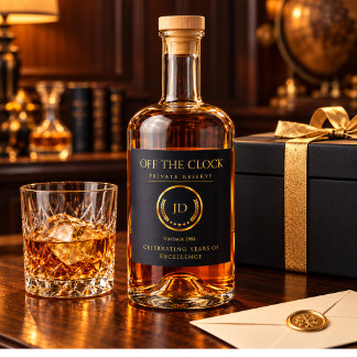 Retirement Bourbon Whiskey Off the Clock Gold Liquor Bottle Label