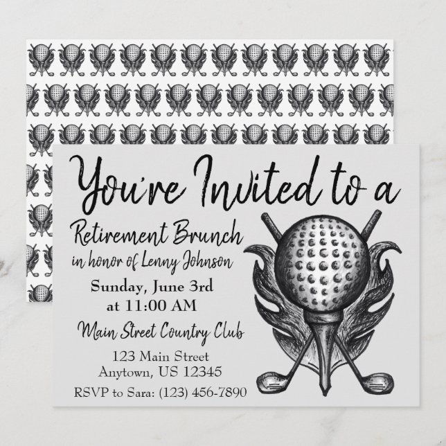 Retirement Breakfast Brunch Golf Ball Clubs Tee Invitation (Front/Back)