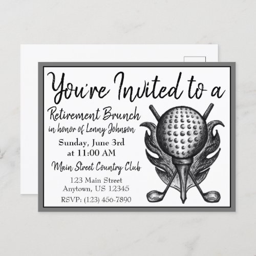 Retirement Breakfast Brunch Golf Ball Clubs Tee Invitation Postcard