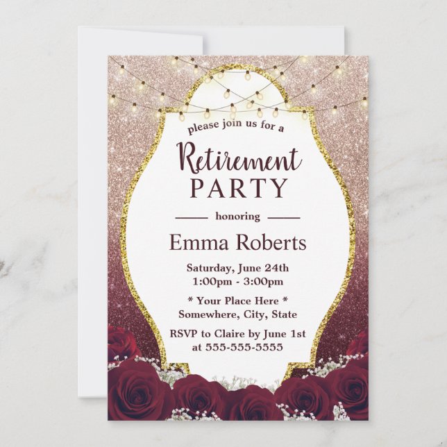 Retirement Burgundy Floral Rose Gold Ombre Glitter Invitation (Front)