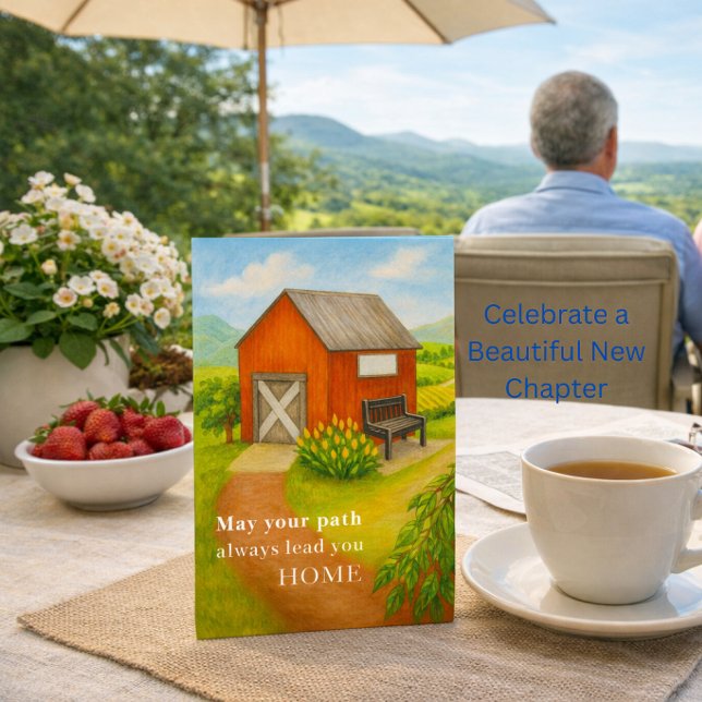 Retirement Card Peaceful Countryside Home Scene (Peaceful countryside retirement card with tea view lifestyle scene, meaningful gift for new chapter)