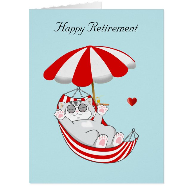 Retirement Cat in Hammock on Light Blue Cards (Front)