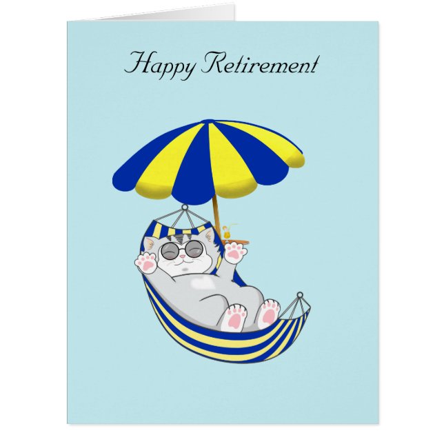 Retirement Cat in Hammock on Light Blue Cards (Front)