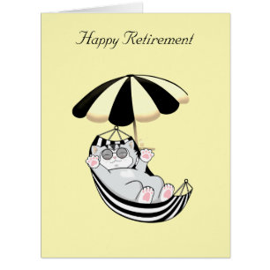 Retirement Cat in Hammock on Light Yellow Cards