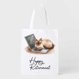 Retirement Cat is sitting on laptop Grocery Bag