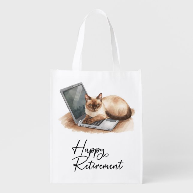 Retirement Cat is sitting on laptop Grocery Bag (Front)