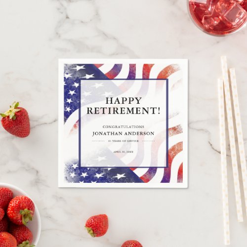 Retirement Celebration American Flag Background  Napkins - This retirement party paper napkin features a modern American flag background. The red, white and blue design offers custom text for you to add your a name, years of service and the date.