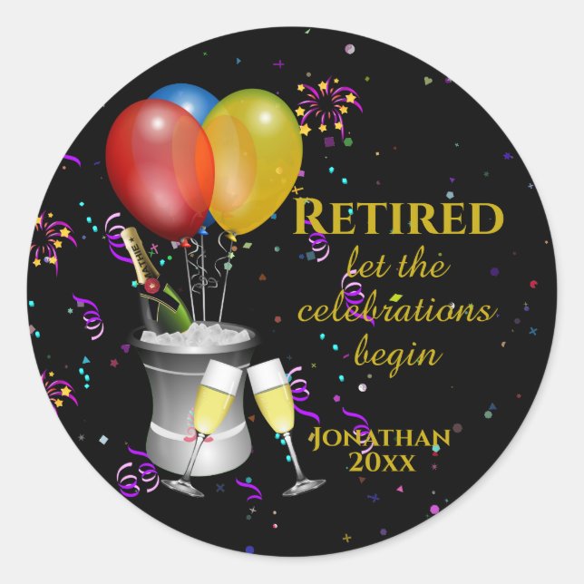 Retirement Celebration Black Classic Round Sticker (Front)