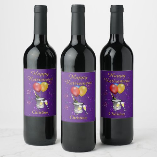 Retirement Celebration Bubbly And Balloons Purple Wine Label