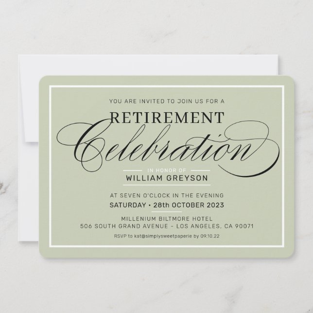 RETIREMENT CELEBRATION DINNER modern sage green Invitation (Front)
