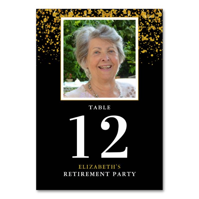 Retirement Celebration Party Gold Glitter Photo Table Number (Front)