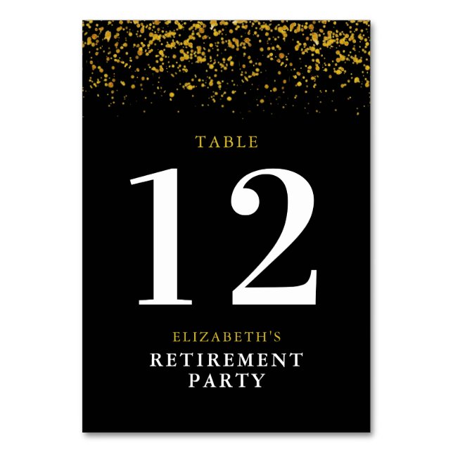 Retirement Celebration Party Gold Glitter Table Number (Front)