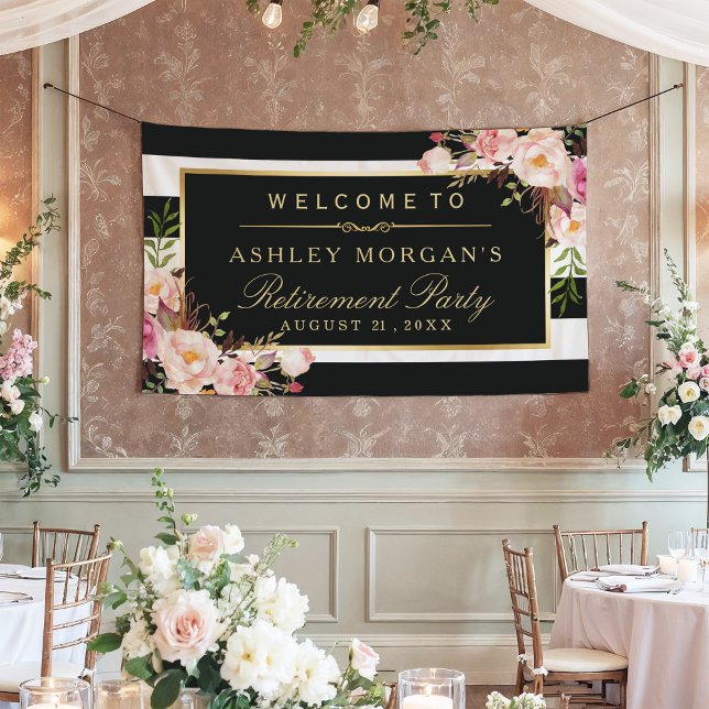 Retirement Celebration Party Vintage Floral Stripe Banner (Creator Uploaded)