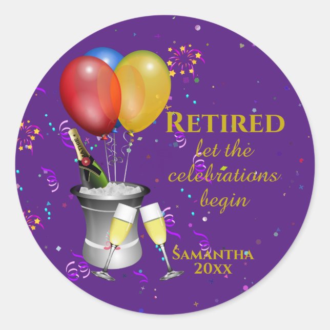Retirement Celebration Purple Classic Round Sticker (Front)