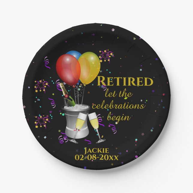 Retirement Celebration Sparkling Wine Black Paper Plates (Front)