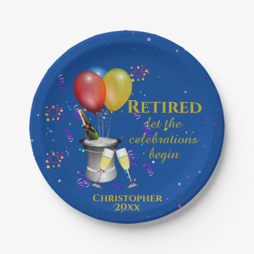 Retirement Celebration Sparkling Wine Blue  Paper Plates