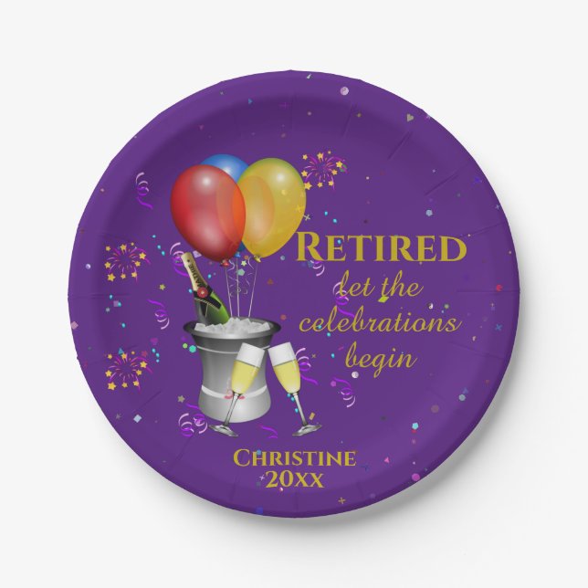 Retirement Celebration Sparkling Wine Purple Paper Plates (Front)