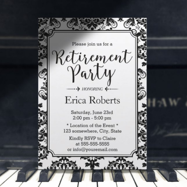 Retirement Classy Black & White Damask Invitation (Creator Uploaded)