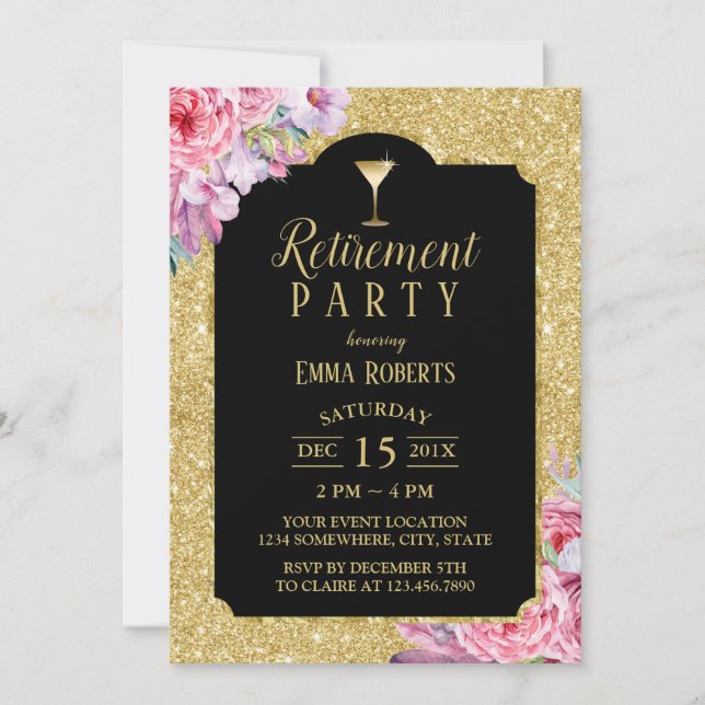 Retirement Cocktail Party Modern Gold Floral Invitation (Front)