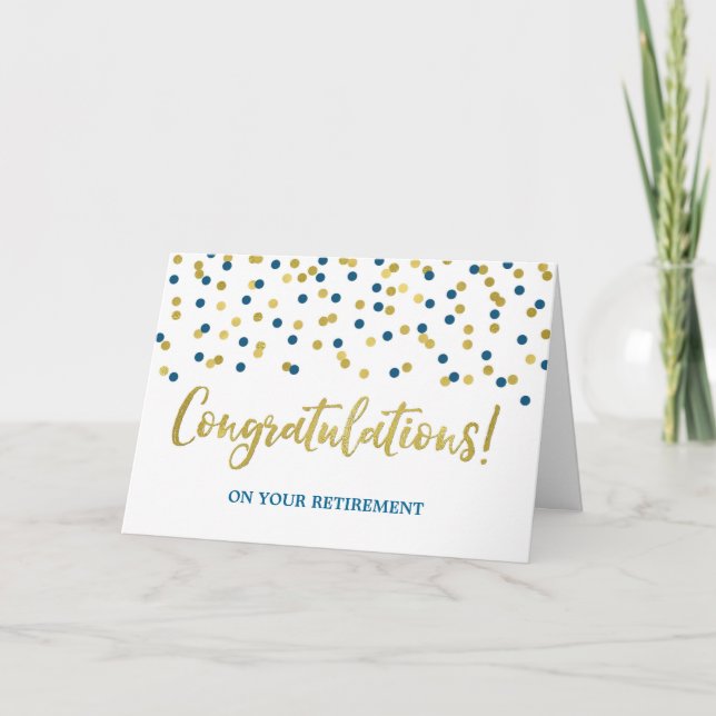 Retirement Congratulations Blue Gold Confetti Card (Front)