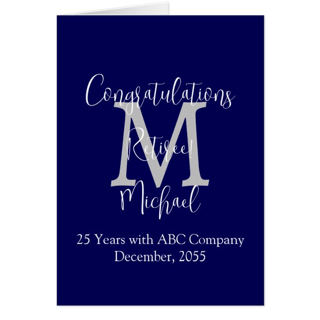 Retirement Congratulations, Blue, Gray Monogram (Front)