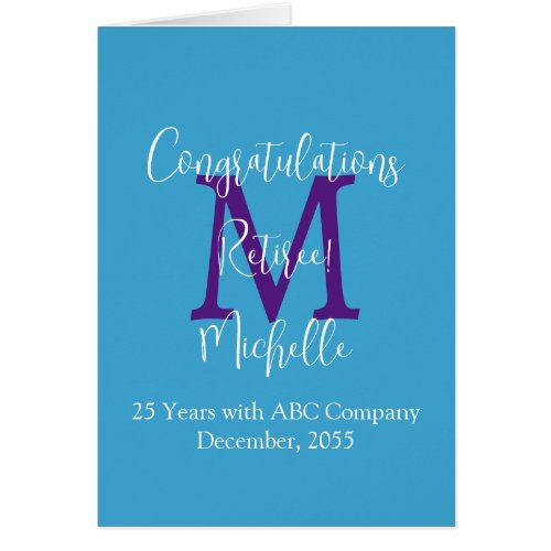 Retirement Congratulations, Blue, Purple Monogram