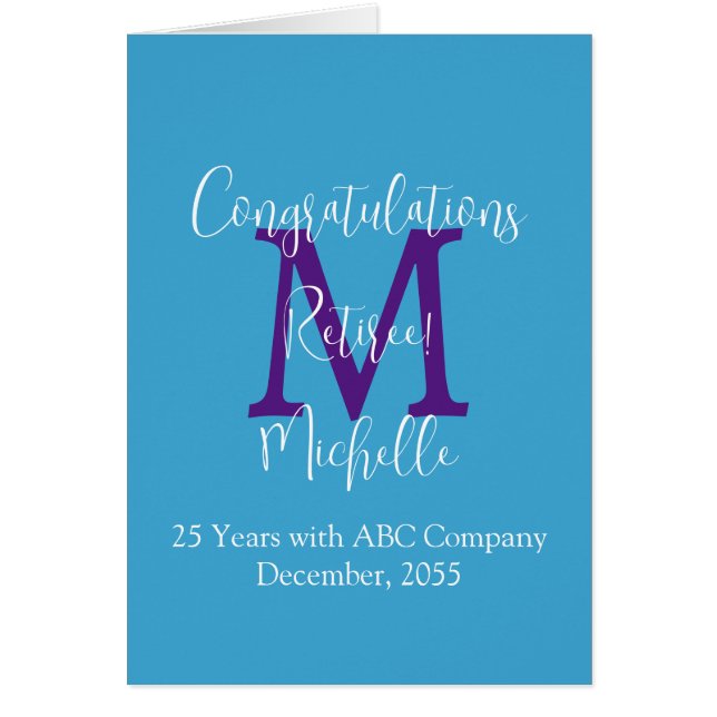 Retirement Congratulations, Blue, Purple Monogram Cards (Front)