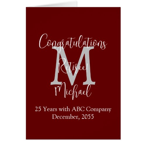 Retirement Congratulations, Burgundy Gray Monogram