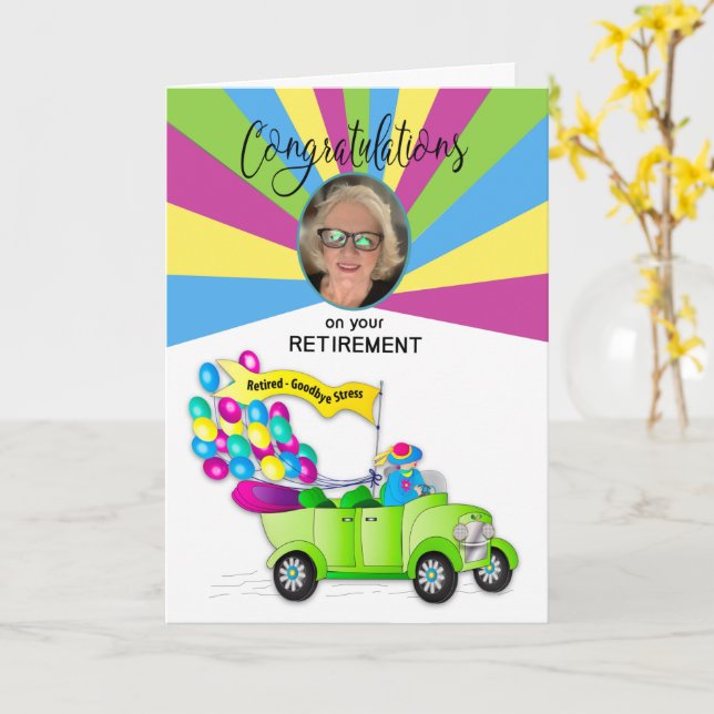 Retirement Congratulations For Her Photo Retro Car Card (Yellow Flower)