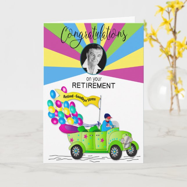 Retirement Congratulations for Him Photo Retro Car Card (Yellow Flower)