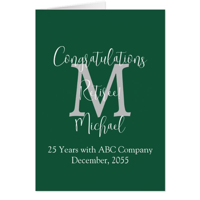 Retirement Congratulations, Green, Gray Monogram Cards (Front)