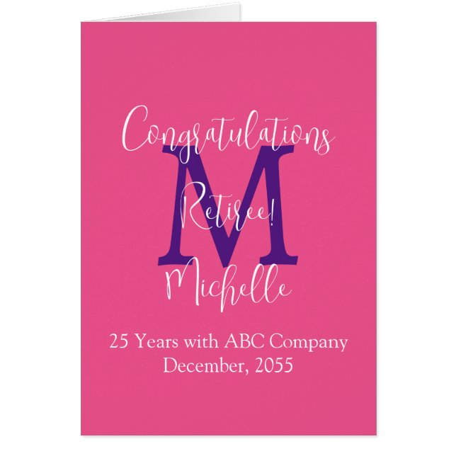 Retirement Congratulations, Pink, Purple Monogram Cards (Front)