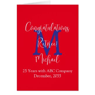 Retirement Congratulations, Red, Blue Monogram