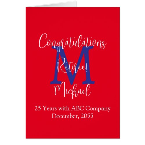 Retirement Congratulations, Red, Blue Monogram