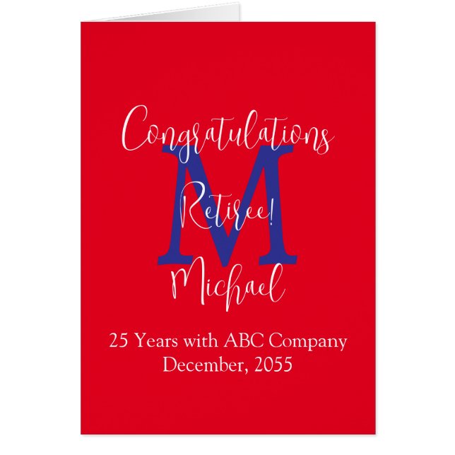 Retirement Congratulations, Red, Blue Monogram (Front)