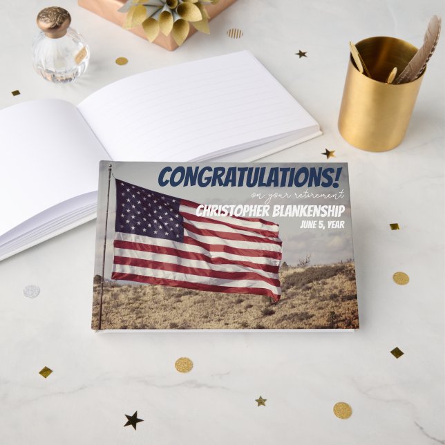 Retirement Congratulations Rustic American Flag Guest Book (Front Open)