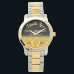 Retirement Consultant black gold elegant thank you Watch<br><div class="desc">Elegant,  classic,  glamorous and feminine. A gift for a retired Consultant.  A faux gold colored bow and ribbon with golden glitter and sparkle,  a bit of bling and luxury. Black background. With the text: Thank You,  templates for a name and occupation,  profession.</div>