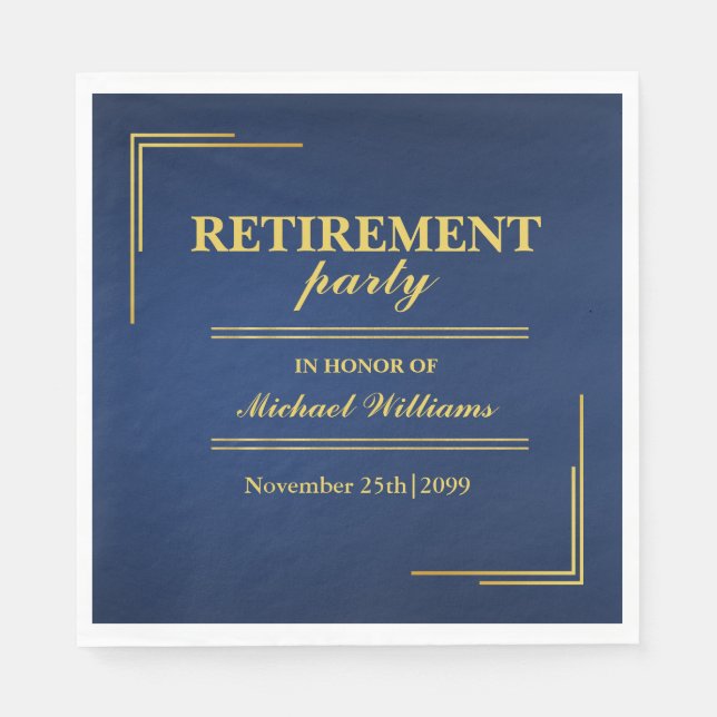 Retirement Corporate Elegant Blue Gold Napkins (Front)