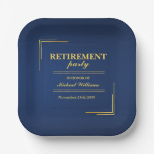 Retirement Corporate Elegant Blue Gold Paper Plates