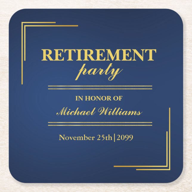 Retirement Corporate Elegant Blue Gold Square Paper Coaster (Front)