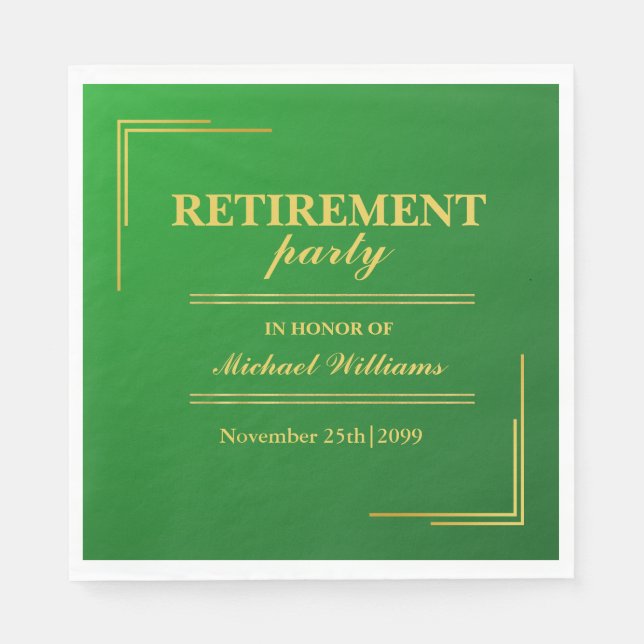 Retirement Corporate Elegant Green Gold Napkins (Front)