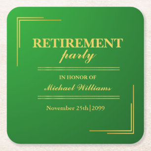 Retirement Corporate Elegant Green Gold Square Paper Coaster